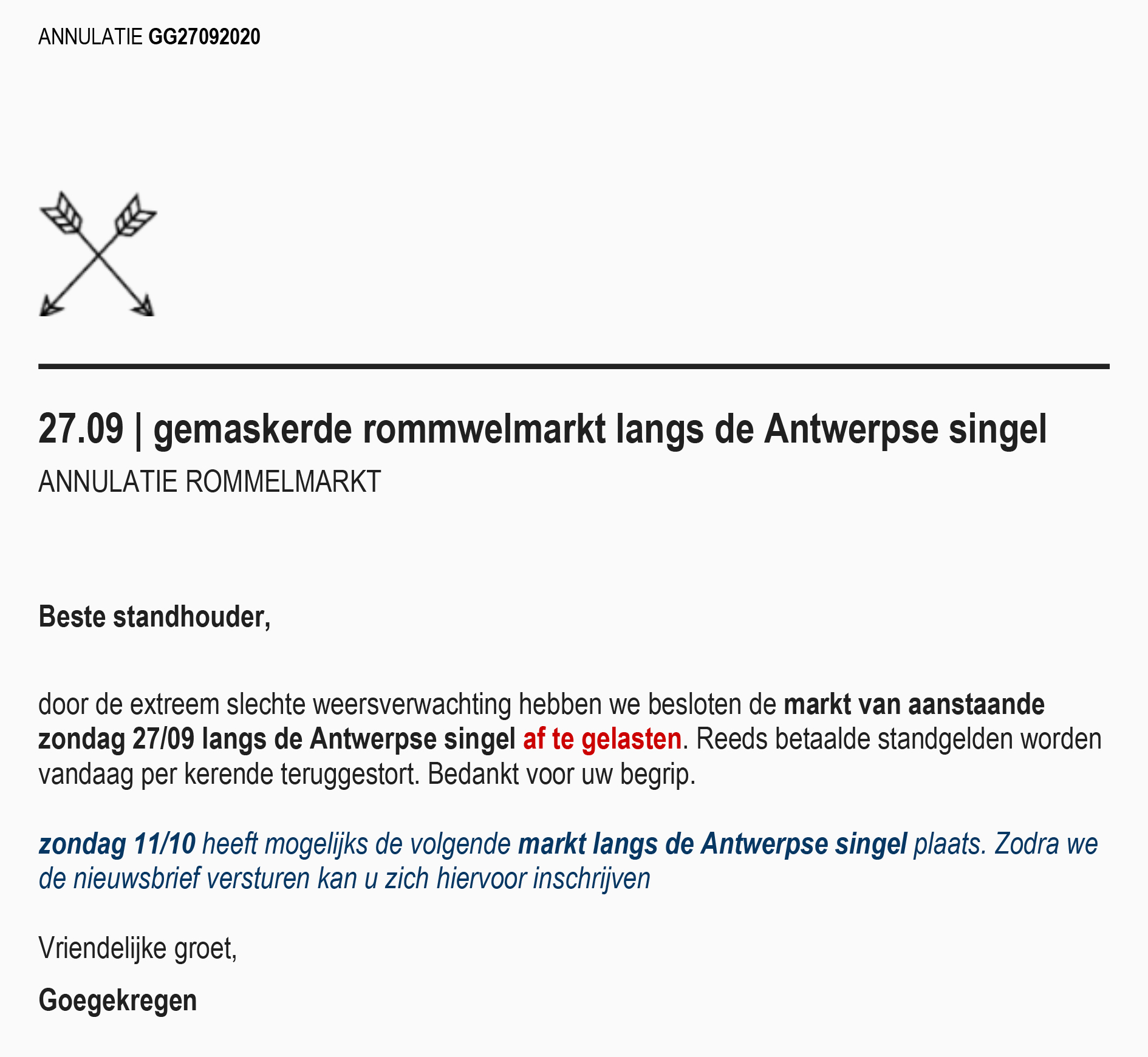 annulering 27.09 | GEMASKERDE ROMMELMARKT LANGS DE SINGEL